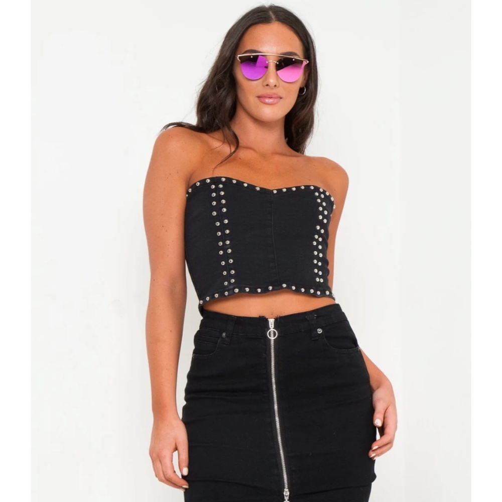 Liquor N Poker Texas‎ Black Denim Corset Top with Studs Size 8